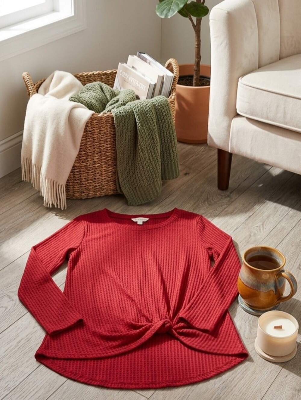 Neineiwu Women's Red Long-Sleeve Twist-Front Knit Top